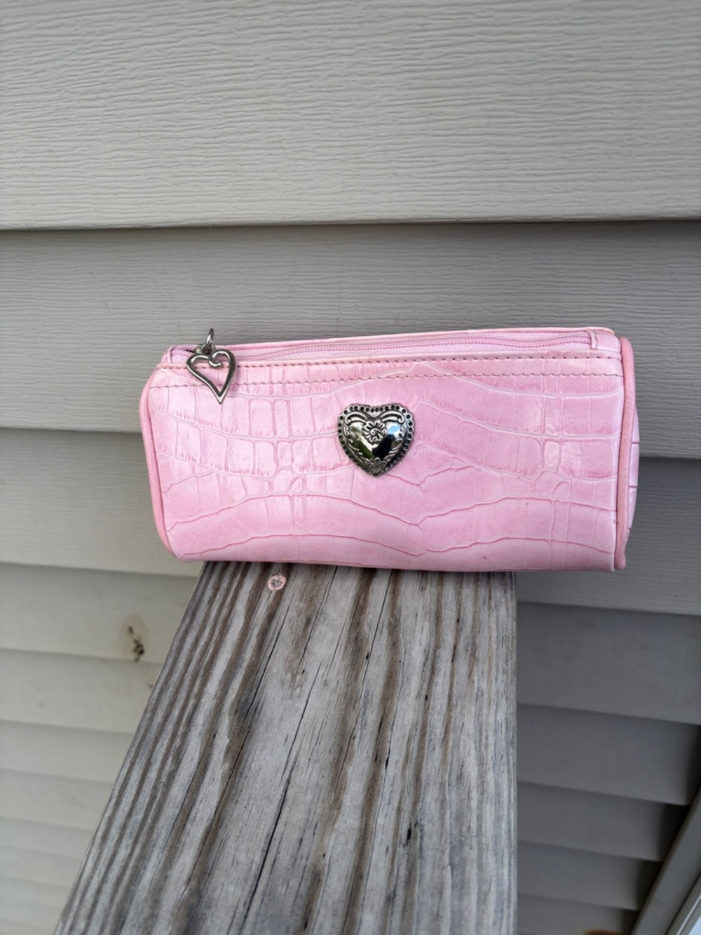 Pink Heart-Accent Faux-Croc Makeup Bag